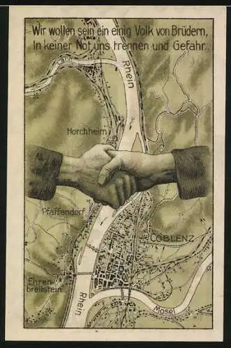Notgeld Pfaffendorf-Coblenz 1921, 50 Pfennig, Wappen und Handreiche über den Rhein