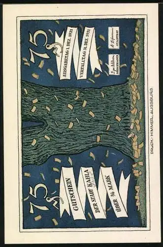 Notgeld Kahla 1921, 75 Pfennig, Mann fegt weise Sprüche auf