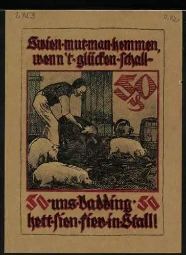 Notgeld Pries-Friedrichsort, 50 Pfennig, Kinder vor einem roten Haus, Bauer bei den Schweinen