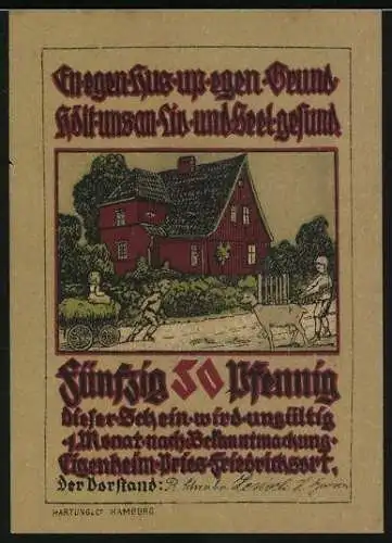 Notgeld Pries-Friedrichsort, 50 Pfennig, Kinder vor einem roten Haus, Bauer bei den Schweinen
