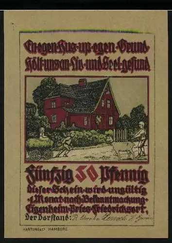 Notgeld Pries-Friedrichsort, 50 Pfennig, Bauer mit Schweinen, Kinder vor rotem Haus
