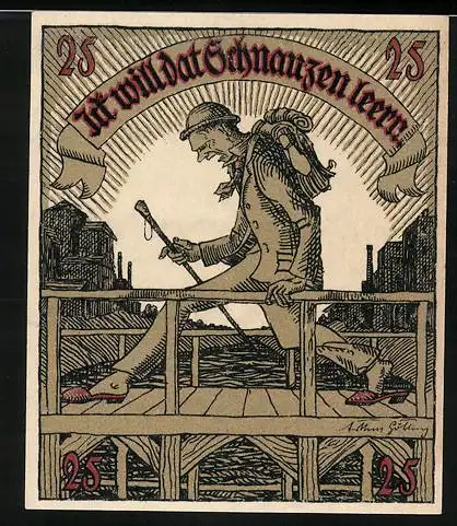 Notgeld Preetz 1921, 25 Pfennig, Wanderer auf einer Brücke