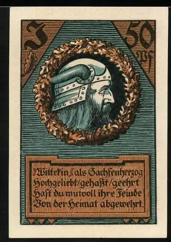 Notgeld Wettin a. d. G., 50 Pfennig, Sachsenherzog mit gehörntem Helm