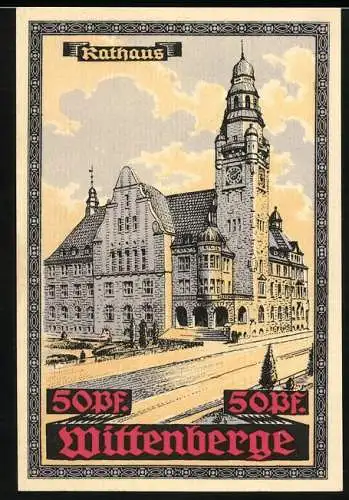Notgeld Wittenberge, 50 Pfennig, Blick auf das Rathaus