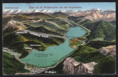 AK St. Wolfgang, Ortsansicht, Aber-od. St. Wofgangsee aus der Vogelschau