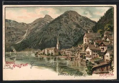 Künstler-AK Erwin Spindler: Hallstatt, Teilansicht mit Kirche