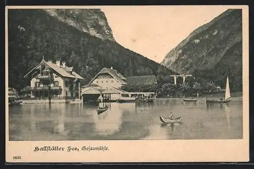 AK Hallstatt, Gasthaus Gosaumühle mit Bootspartie