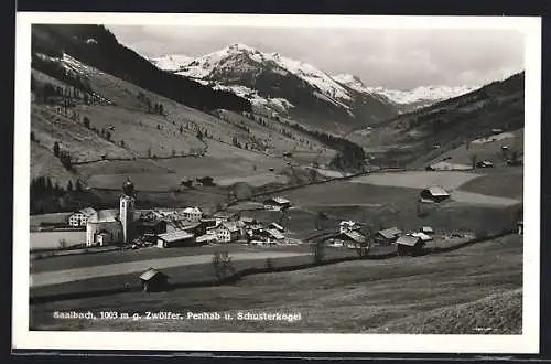 AK Saalbach, Ortsansicht gegen Zwölfer, Penhab und Schusterkogel