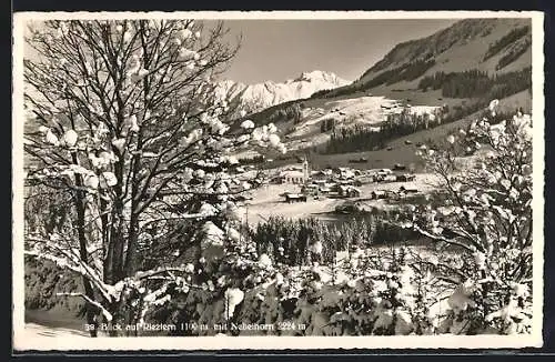 AK Riezlern, Ortsansicht und Nebelhorn im Winter mit verschneiten Bäumen