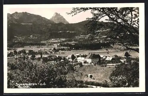 AK Scharnstein, Ortsansicht mit Bergpanorama, Almtal