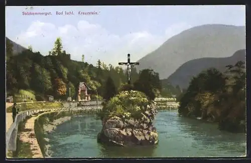 AK Bad Ischl, Der Kreuzstein im Fluss