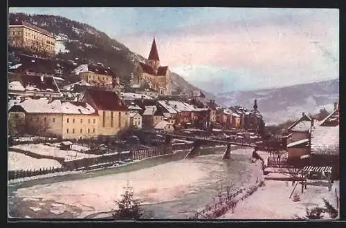 AK Murau, Ortspartie mit Mur und Brücke