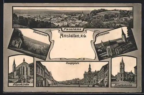 Passepartout-AK Amstetten, Panorama, Totalansicht, Klosterkirche, Pfarrkirche