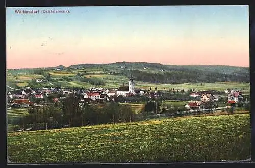 AK Waltersdorf /Oststeiermark, Gesamtansicht mit Kirche aus der Ferne