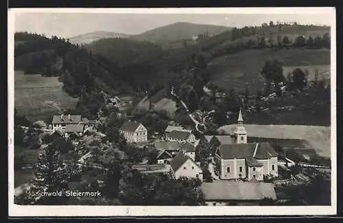 AK Mönichwald /Steiermark, Ortsansicht mit der Kirche aus der Vogelschau