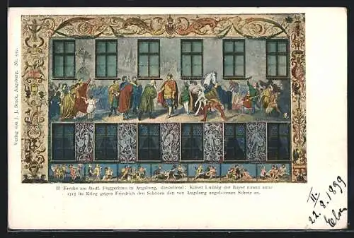 AK Augsburg, II. Freske am fürstl. Fuggerhaus, Kaiser Ludwig im Krieg gegen Friedrich den Schönen angebotenen Schutz an
