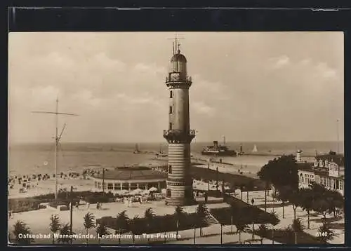 AK Warnemünde, der Leuchtturm und Tee-Pavillon mit Ostseeblick