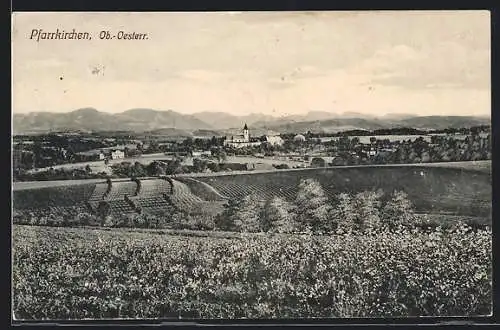 AK Pfarrkirchen, Gesamtansicht mit Feldern und Bergpanorama