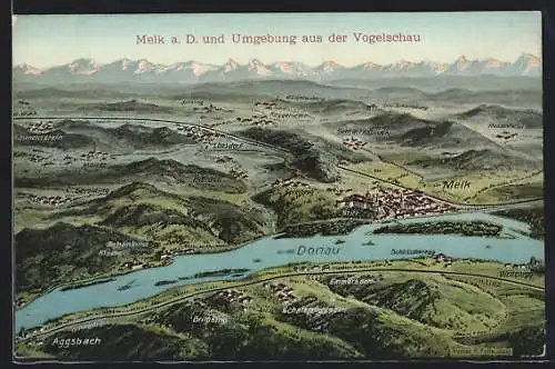 Künstler-AK Eugen Felle: Melk a. D. und Umgebung aus der Vogelschau