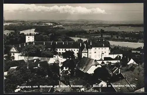 AK Enns, Panorama vom Stadtturm mit Schloss Ennsegg