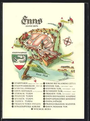 Künstler-AK Enns, Schematische Ortsansicht, Stadtwappen