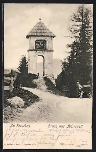 AK Mariazell, Turm am Kreuzberg, Kutsche