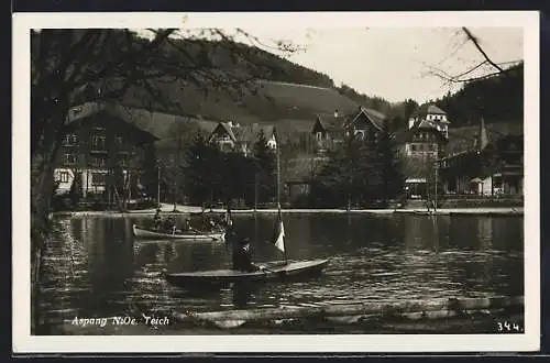 AK Aspang, Ortsansicht mit Teich, Boote