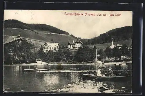 AK Aspang, Ruderer auf dem Teich mit Blick auf Berge