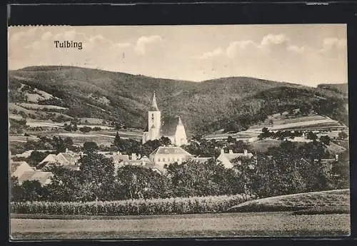 AK Tulbing, Ortsansicht mit prominenter Kirche vom Feld aus