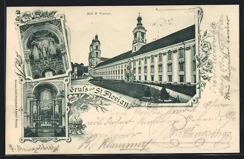 AK St. Florian, Stiftsgebäude, Grosse Orgel und St. Florianialtar in der Stiftskirche