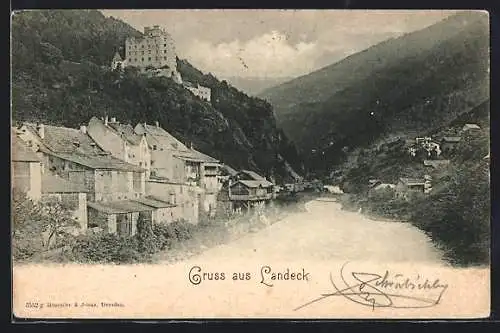 AK Landeck i. Tirol, Flussbrücke und Burg