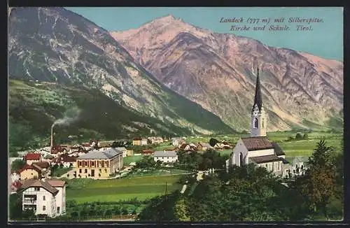 AK Landeck, Ortsansicht mit Kirche und Schule, Blick auf Silberspitze