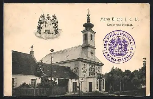 AK Maria Ellend a. d. D., Kirche und Pfarrhof mit Gnadenbild