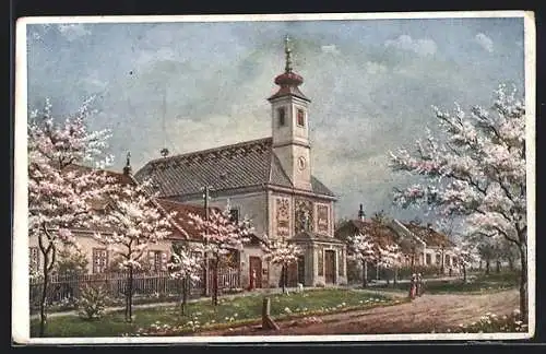 AK Maria Ellend a. d. Donau, Partie bei der Kirche im Frühling