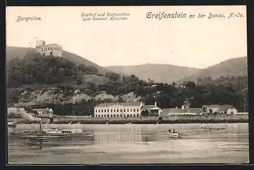 AK Greifenstein a. d. Donau, Burgruine, Gasthof und Restauration zum braunen Hirschen