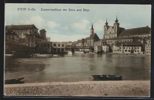 AK Steyr, Zusammenfluss der Enns und Steyr, Ortsansicht mit Bürgerspital und Michaelerkirche