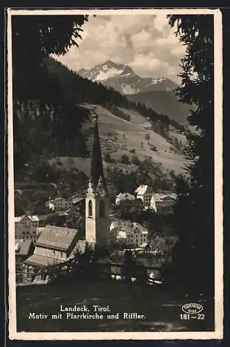 AK Landeck, Motiv mit Pfarrkirche und Riffler