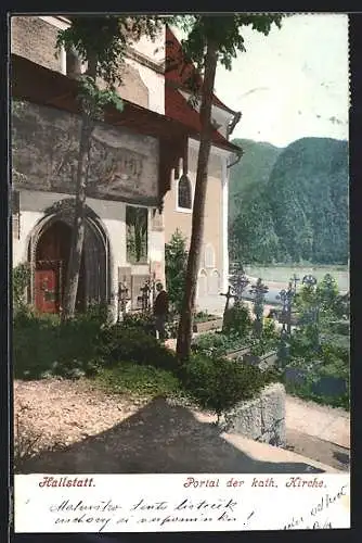 AK Hallstatt, Portal der kath. Kirche, mit Umgebung