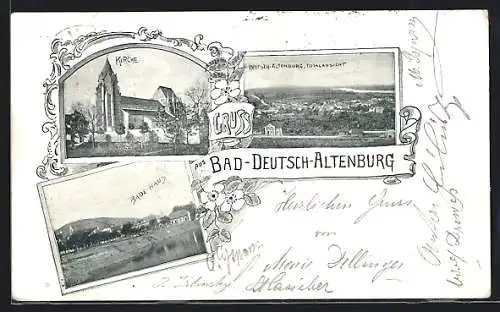 AK Bad-Deutsch-Altenburg, Gesamtansicht mit Kirche und Badehaus