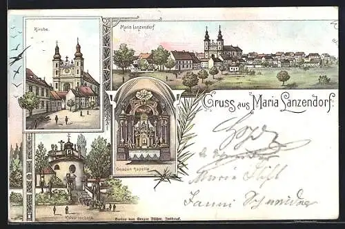 Lithographie Maria Lanzendorf, Kirche mit Gnaden Kapelle, Kalwarienberg, Ortsansicht