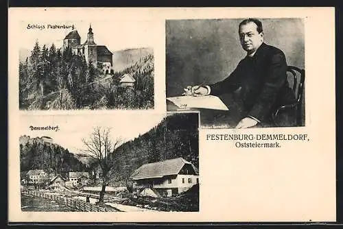 AK St. Lorenzen am Wechsel, Demmeldorf und Schloss Festenburg, Portrait Ottokar Kernstock