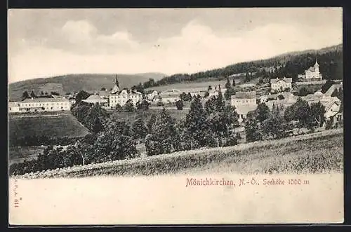 AK Mönichkirchen, Totale von der Bergwiese aus gesehen