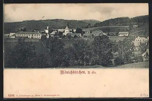 AK Mönichkirchen, Panorama des Ortes aus der Vogelschau