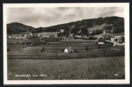 AK Mönichkirchen, Ortsansicht mit Wiesen