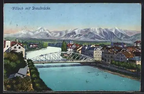 AK Villach, Teilansicht mit Draubrücke und Bergpanorama