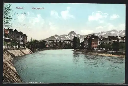 AK Villach, Draupartie mit Brücke