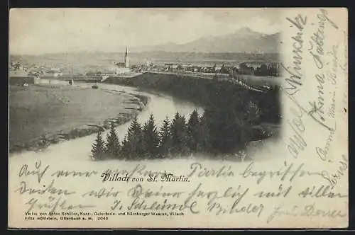 Mondschein-AK Villach, Ortsansicht von St. Martin aus