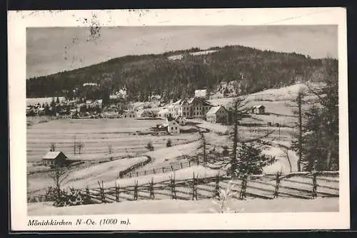 AK Mönichkirchen, Ortsnsicht mit Feldern und Berg