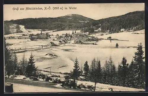 AK Mönichkirchen, Ortsansicht mit Bergen