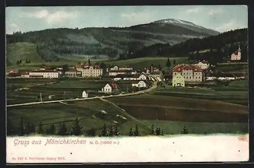AK Mönichkirchen, Ortspanorama mit Landstrasse aus der Vogelschau